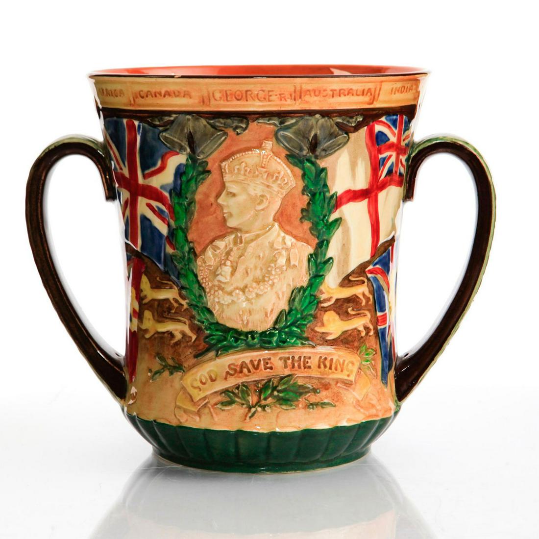 ROYAL DOULTON CORONATION CUP, GEORGE VI & ELIZABETH: Small size, to celebrate the coronation of their majesties. Glazed, handpainted with relief crowned portraits of King George VI and Queen Elizabeth. Limited edition. Rim inscribed with names of the na