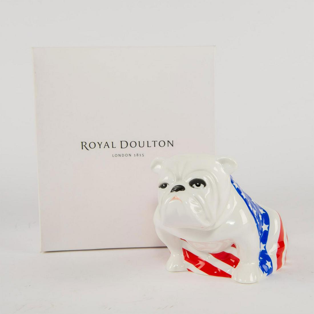 ROYAL DOULTON MEDIUM FIGURE, BULLDOG SAM DD004: Handpainted in the stars and stripes of the USA flag. Part of the International Bulldogs Collection. The name Sam was chosen, after Uncle Sam, the long-standing epithet for the American government. In