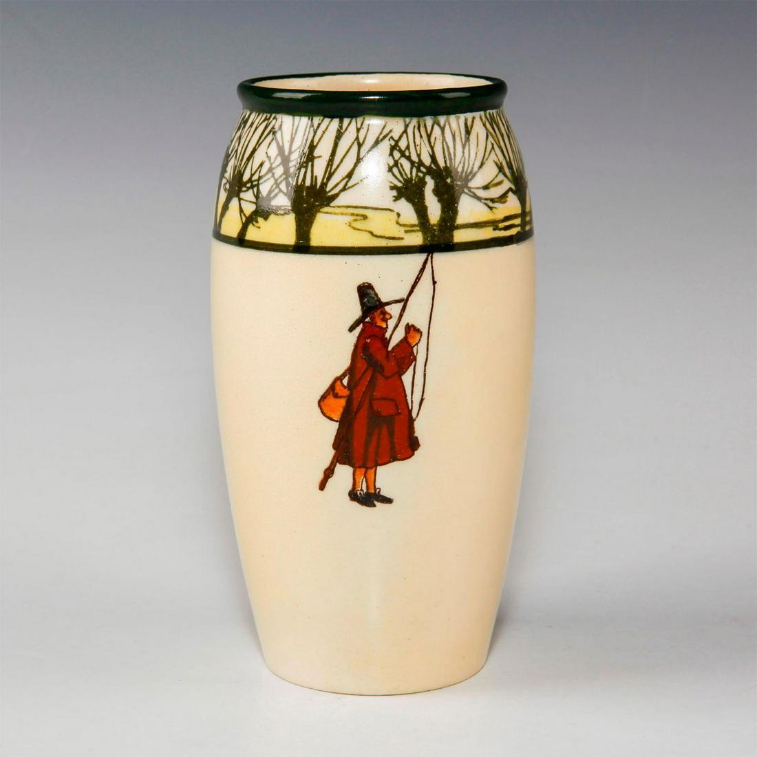 ROYAL DOULTON BUD VASE, ISAAC WALTON GALLANT FISHERS: Early 20th c. fishing themed bud vase. Marked 6925. Depicts fisherman inspired by THE COMPLEAT ANGLER by Isaac (Izaak) Walton, first published in 1653. This bud vase features three fishermen with a wi