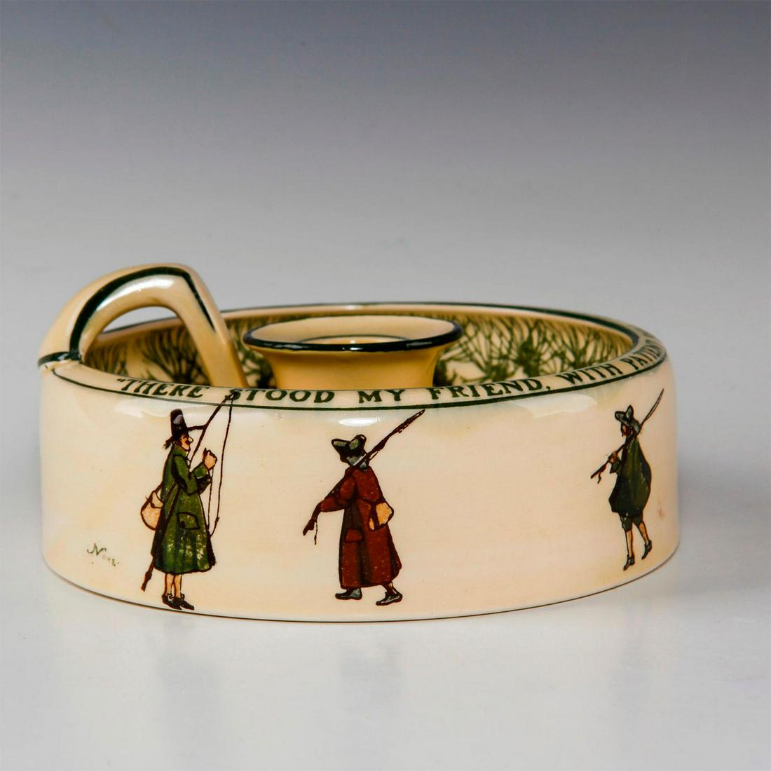 ROYAL DOULTON CANDLEHOLDER, GALLANT FISHERS: Early 20th c. fishing themed candleholder. Depicts fisherman inspired by THE COMPLEAT ANGLER by Isaac (Izaak) Walton, first published in 1653. This candleholder features seven fishermen on the outside