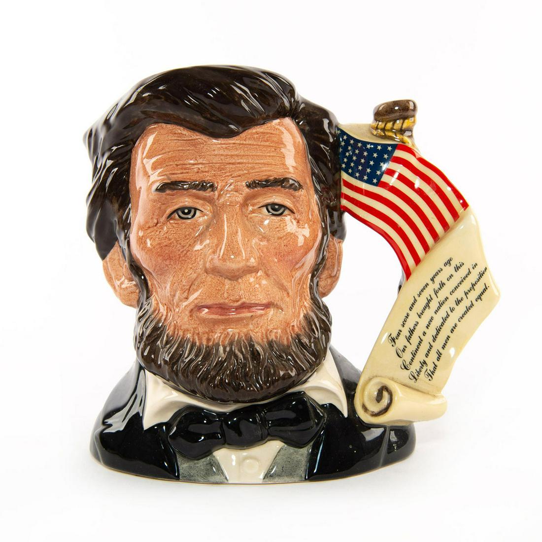 ROYAL DOULTON CHARACTER JUG ABRAHAM LINCOLN D6936: Limited edition of 2,500. Gettysburg Address handle. Stamped to base ROYAL DOULTON ENGLAND and other marks. Artist: Stanley J. Taylor Issued: 1992 Dimensions: 6.75"H x 7.5"W Edition Number: 595 Editio