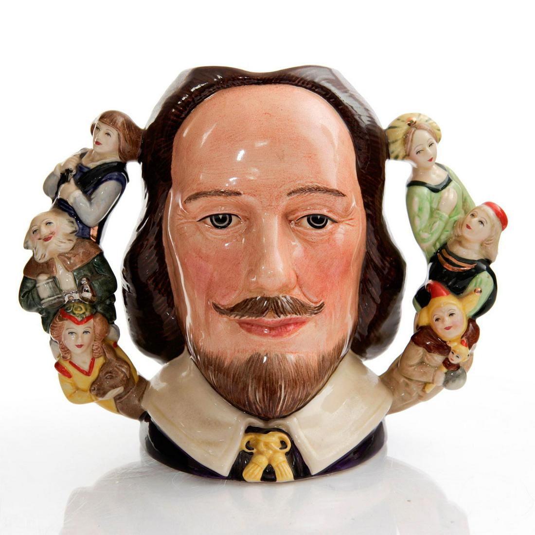 ROYAL DOULTON CHARACTER JUG WILLIAM SHAKESPEARE D6933: Limited edition Loving Cup. Shakespeare character handles. Stamped to base ROYAL DOULTON ENGLAND and other marks. Artist: William K. Harper Issued: 1992 Dimensions: 7.25"H x 9"W Edition Number: 914 Ed
