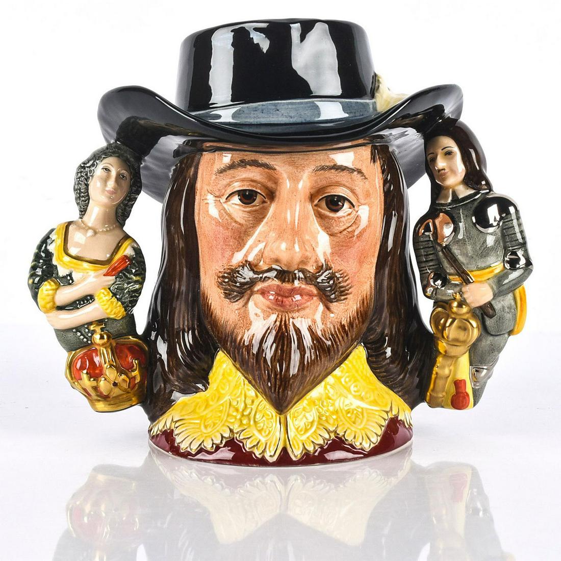 ROYAL DOULTON CHARACTER JUG KING CHARLES I D6917: Limited edition of 2500. 3 handled jug. Stamped to base ROYAL DOULTON ENGLAND and other marks. Artist: William K. Harper Issued: 1992 Dimensions: 7.25"H x 9"W Edition Number: 1767 Edition Size: 2500 M