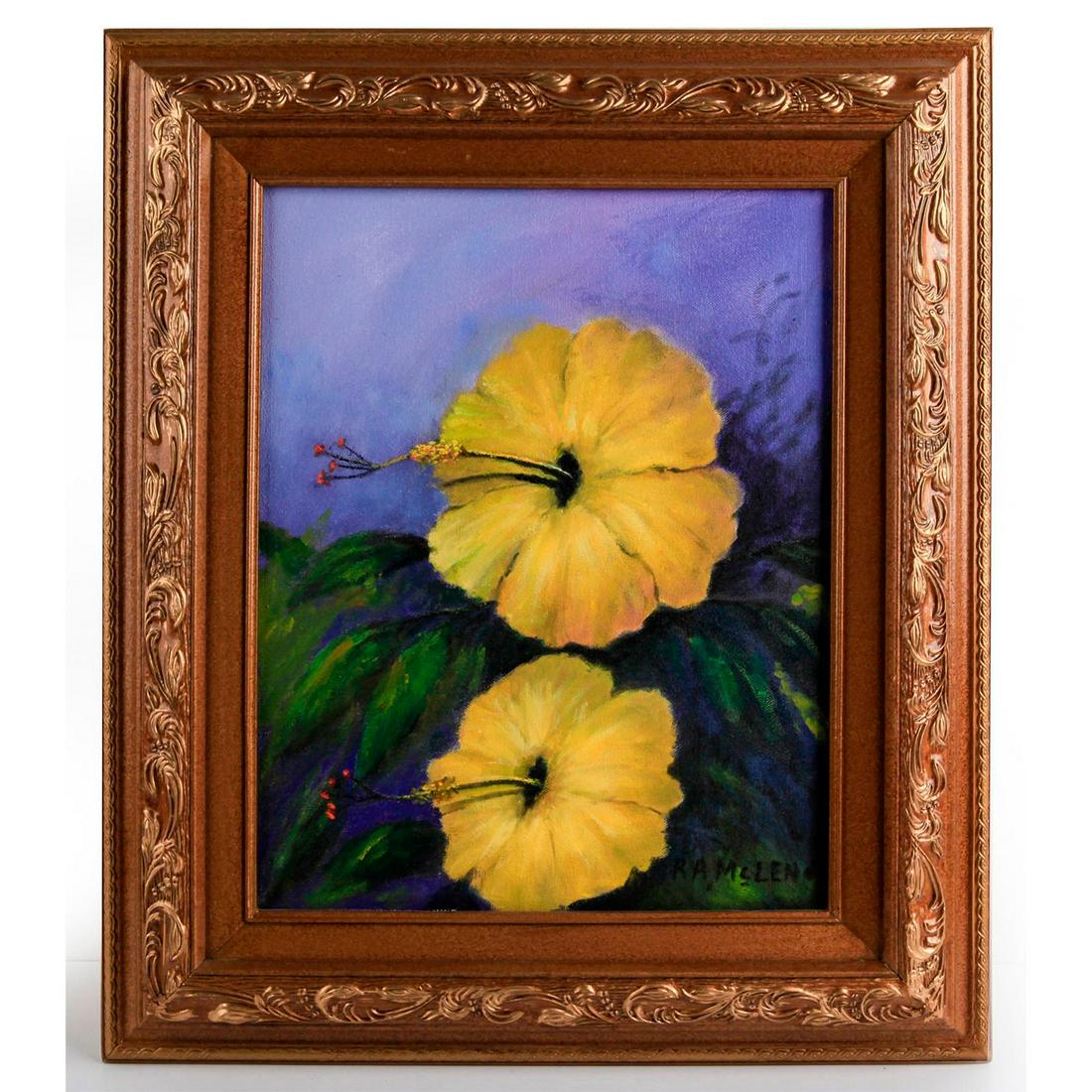 R.A. ROY MCLENDON FLORIDA HIGHWAYMEN FLORAL PAINTING: Oil on canvas, yellow hibiscus. 13.5"H x 10.5"W, pictured. Roy Mclendon (b.1932) was the neighbor of Highwayman Harold Newton, who inspired him to start painting. Mclendon's subject matter is the most