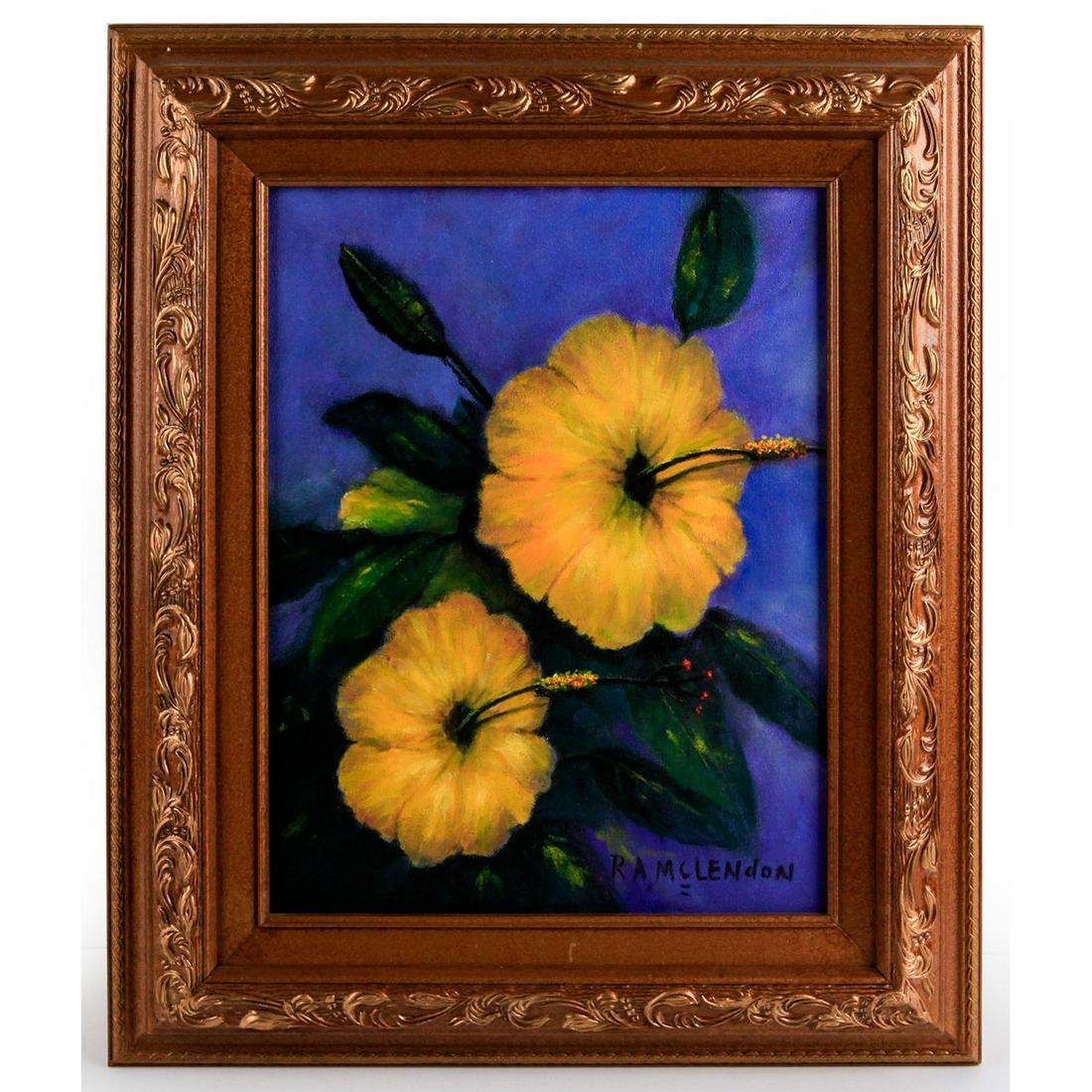 R.A. ROY MCLENDON FLORIDA HIGHWAYMEN FLORAL PAINTING: Oil on canvas, yellow hibiscus. 13.5"H x 10.5"W, pictured. Roy Mclendon (b.1932) was the neighbor of Highwayman Harold Newton, who inspired him to start painting. Mclendon's subject matter is the most