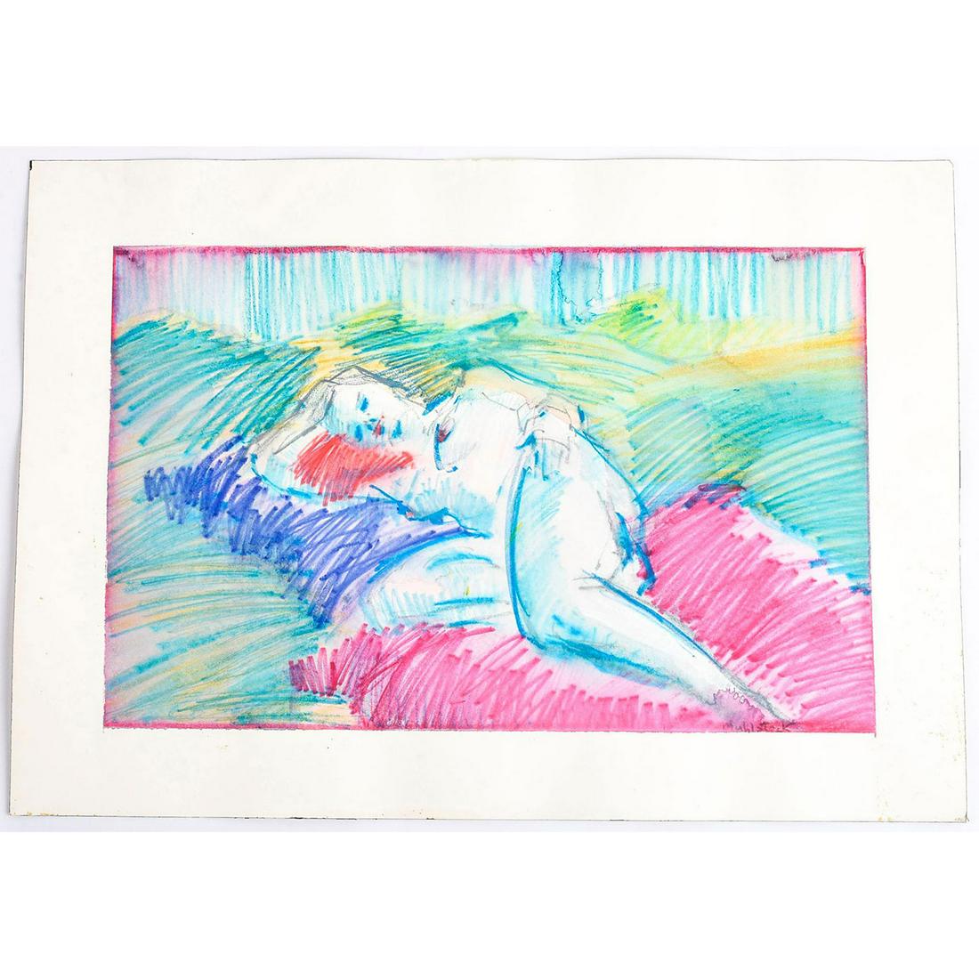 PASTEL SKETCH, ARTIST SIGNED BY LOUIS MUHLSTOCK: Pastel on cream paper, a reclining nude woman. Created in an energetic style, with the central figure in red and blue surrounded by green, yellow, aqua, purple and blue. By Austria-born Canadian artis