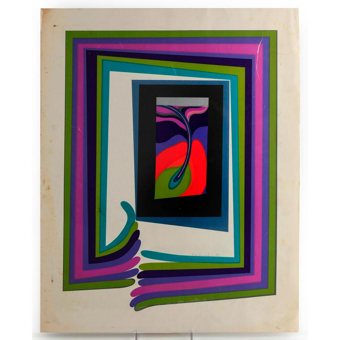 PAUL VANIER BEAULIEU MID CENTURY ART PRINT, ABSTRACT: Hand signed, dated. Stamped Dominion Gallery, Montreal on back. Paul Vanier Beaulieu (1910-1996) painted still lifes, landscapes, and figures in semi-abstract and modernistic styles. He was particular