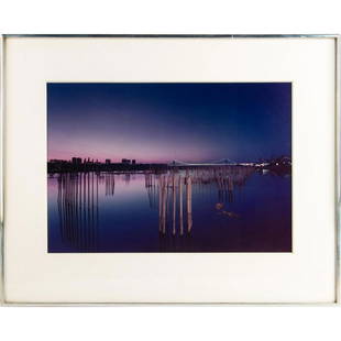 JAN STALLER: G. WASHINGTON BRIDGE PHOTOGRAPHIC PRINT: Medium. Signed and dated 1983 on back by artist. Picture: 13.5"H x 19.25"W. Frame: 21"H x 26.5"W. Includes a copy of the original invoice from Jan Staller. Artist: Jan Staller Issued: 1983 Dimension