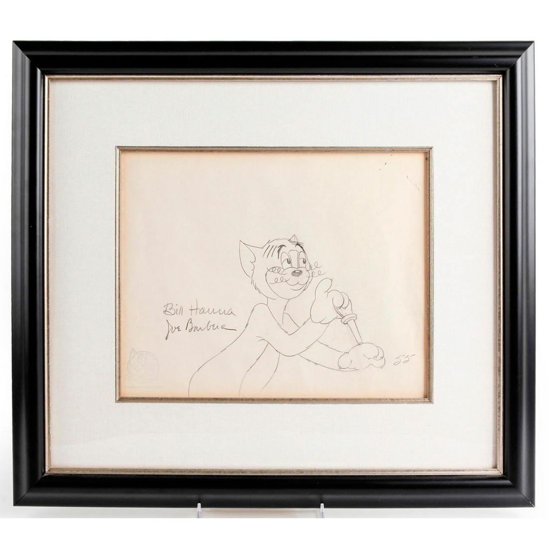 HANNA-BARBERA ORIGINAL PRODUCTION DRAWING, THE ZOOT CAT: Unique early production piece, 1944. Signed with certificate. Drawing of Tom from the iconic Tom and Jerry animation series. Was signed by Hanna-Barbera Studio co-founders William Hanna and Joseph Bar