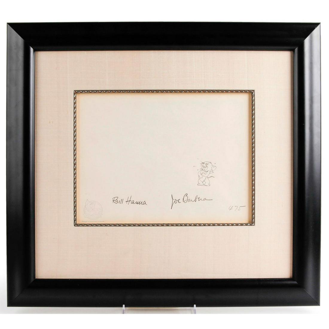 TOM AND JERRY ORIGINAL PRODUCTION PENCIL DRAWING, 1943: Features Jerry; Signed by Bill Hanna and Joe Barbera, certified. Certificate of authenticity on back, signed by President and Chief Operating Officer, Roger Mayer. Created in 1943 for short cartoon, "