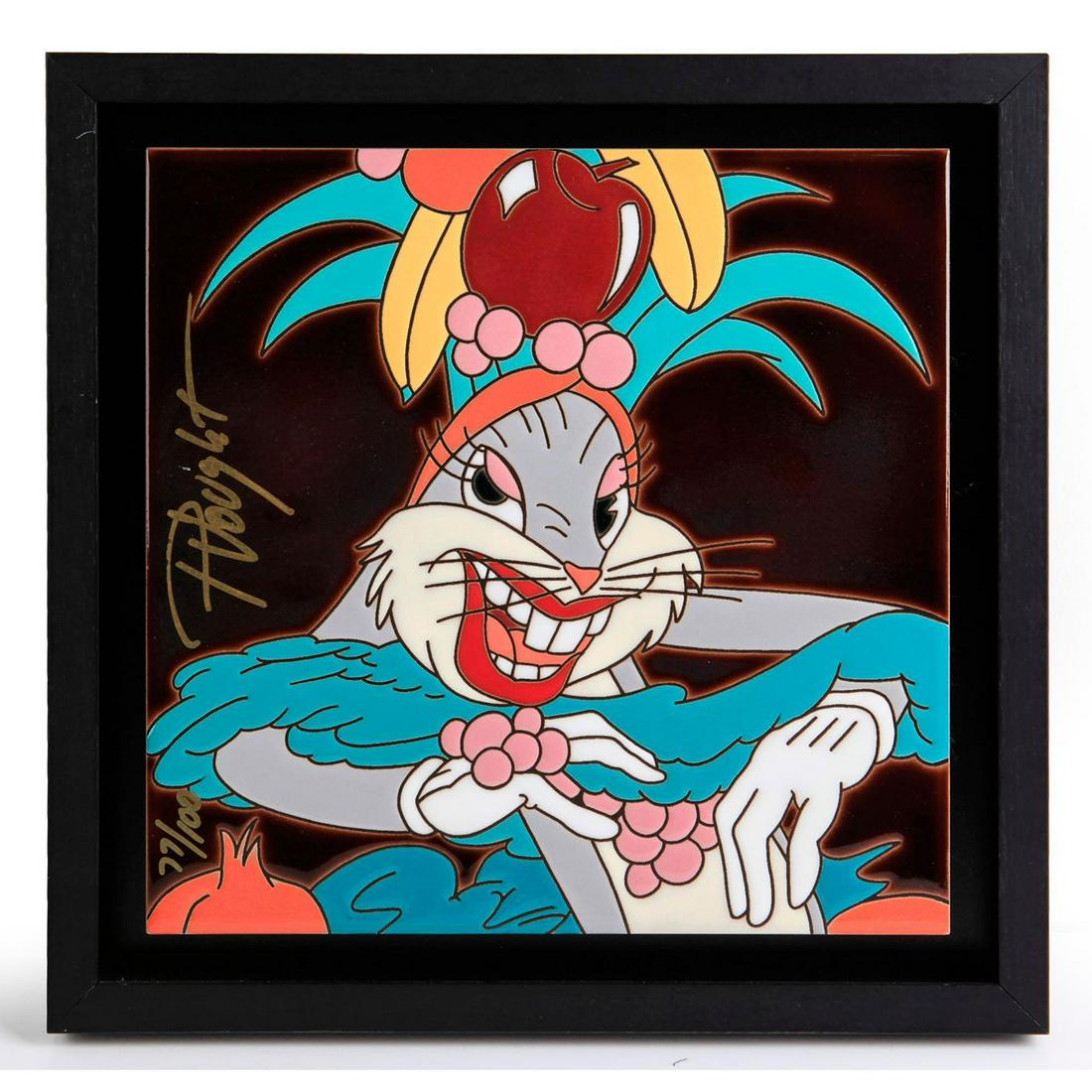 WARNER BROS. CARMEN BUGS, CATALINA CERAMIC TILE: Signed and marked. Has certificate. This limited edition "Catalina" ceramic tile was created 1994 by Paul Vought. 12"H x 11.5"W, tile. Marked 77/100. Artist: Paul Vought Issued: 1994 Dimensions: 14.5"