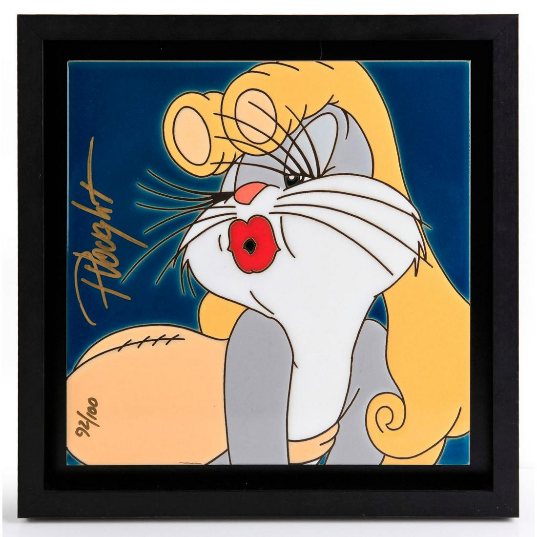 WARNER BROS. BUGS BUNNY CERAMIC TILE: Signed and marked. Produced in a limited edition of 100. Was created by Paul Vought. 12"H x 11.5"W, tile. Marked 92/100. Artist: Paul Vought Dimensions: 14.5"H x 14.5"W, framed Edition Number: 92 Edit