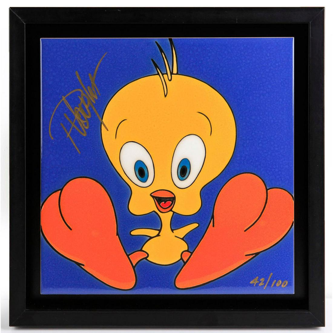 WARNER BROS. "I TAWT I TAW", TWEETY BIRD, CERAMIC TILE: Signed and marked. Has certificate. Produced in a limited edition of 100. Was created by Paul Vought. 12"H x 11.5"W, tile. Marked 42/100. Artist: Paul Vought Dimensions: 14.5"H x 14.5"W, framed Editio