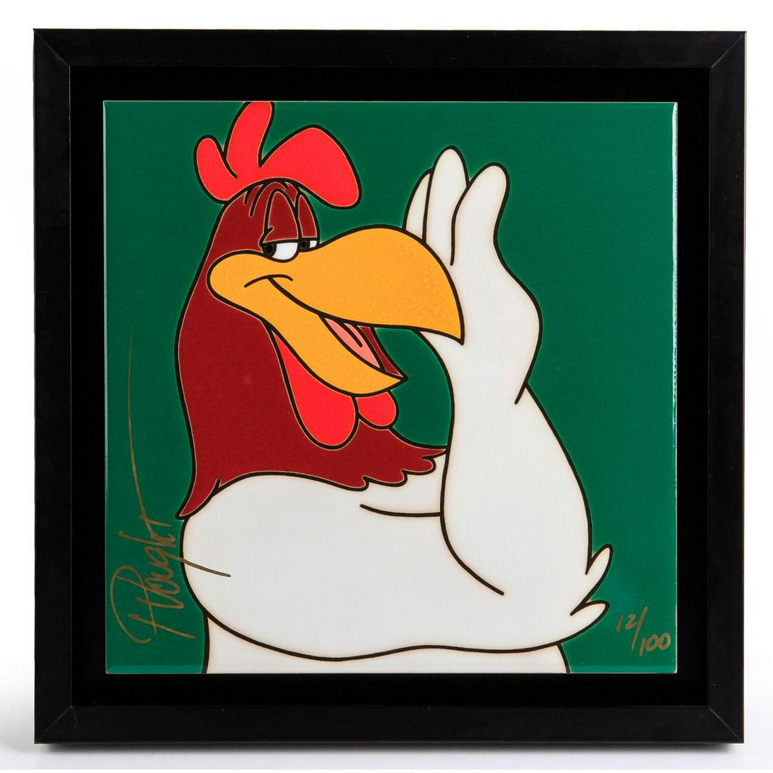 WARNER BROS. "I SAY", FORHORN LEGHORN, CERAMIC TILE: Signed and marked. Has certificate. Produced in a limited edition of 100. Was created by Paul Vought in 1996. 12"H x 11.5"W, tile. Marked 12/100. Artist: Paul Vought Issued: 1996 Dimensions: 14.5"H x 