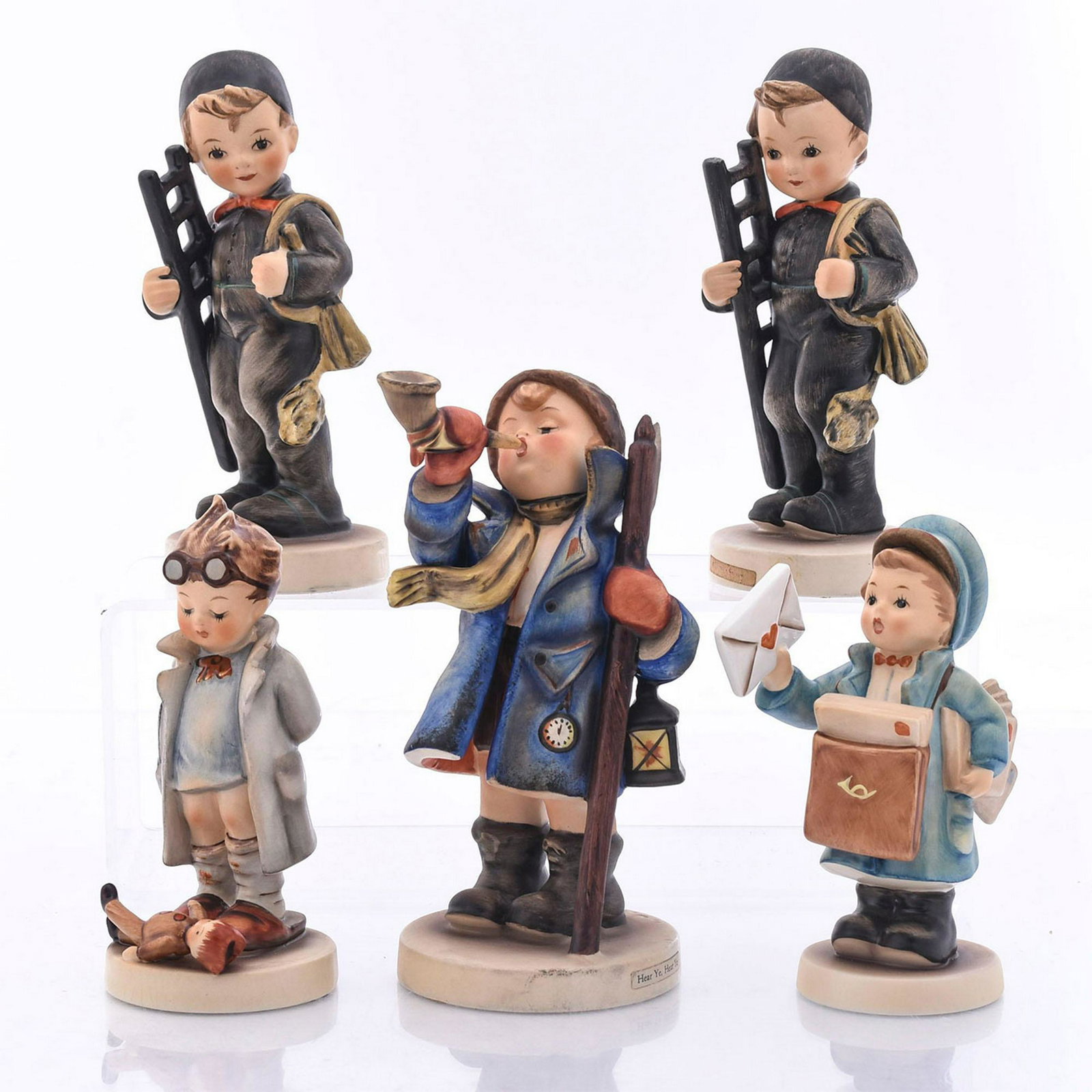 5 COLLECTIBLE GOEBEL HUMMEL FIGURINES: Handpainted, marked. Varies in sizes. Some has name tags. Dimensions: 6"H, tallest Manufacturer: Goebel Country of Origin: Germany