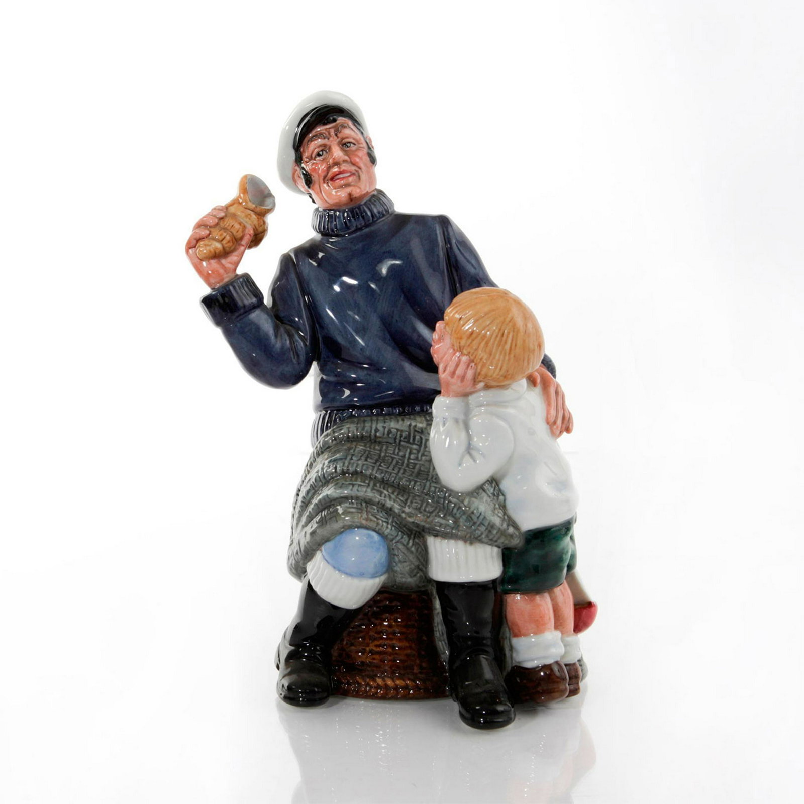 ROYAL DOULTON FIGURINE, SONG OF THE SEA HN2729: Sea characters series. Seated man with boy. Blue, white and gray colorway. Royal Doulton backstamp. Artist: William K. Harper Issued: 1983-1991 Dimensions: 7.75"H Manufacturer: Royal Doulton Country o
