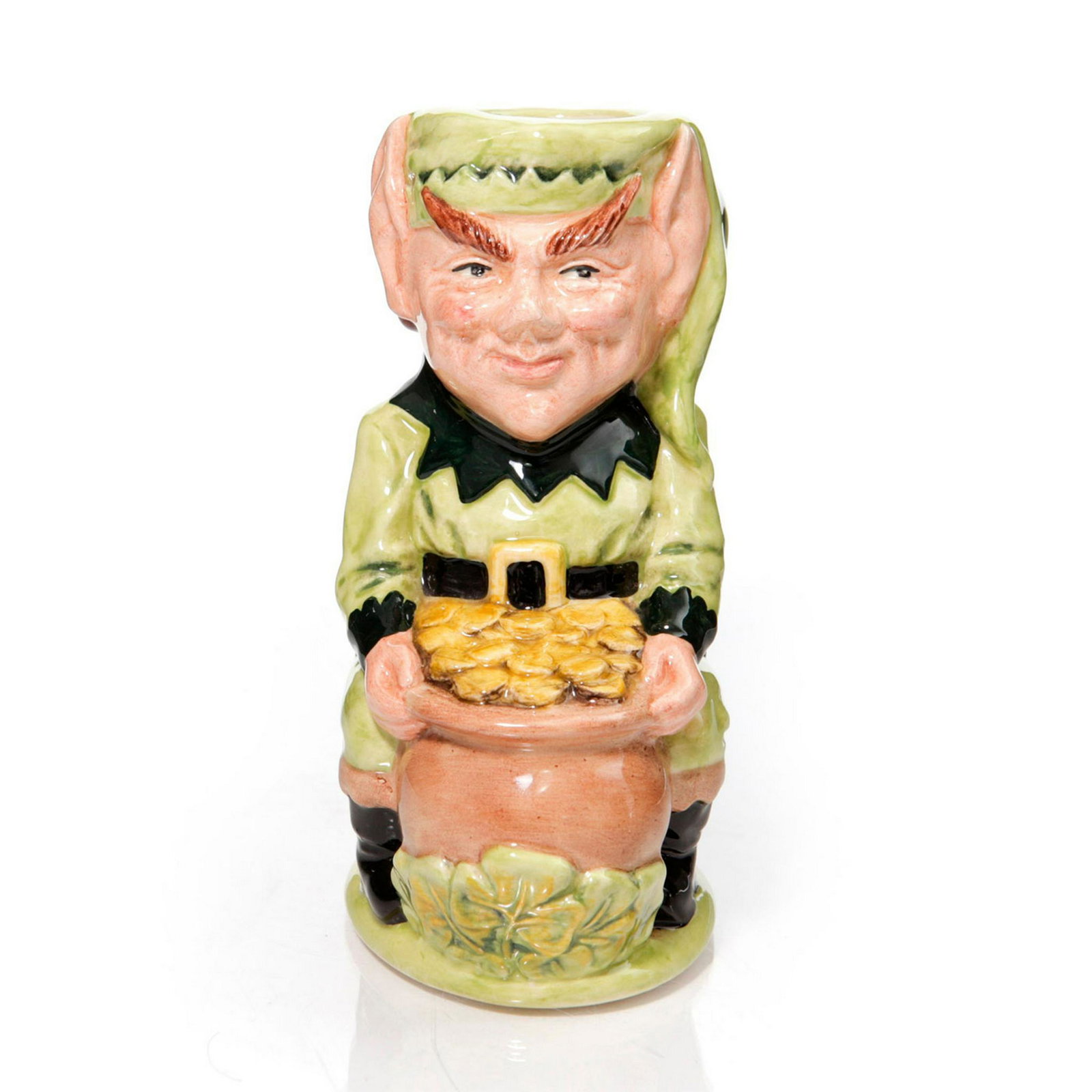 ROYAL DOULTON TOBY JUG, LEPRECHAUN D6948: Mythical creature holding a pot of gold. Title of jug, edition information, and Royal Doulton backstamp on bottom. Artist: Stanley J. Taylor Issued: 1994 Dimensions: 5"H Edition Number: 585 Edition Si