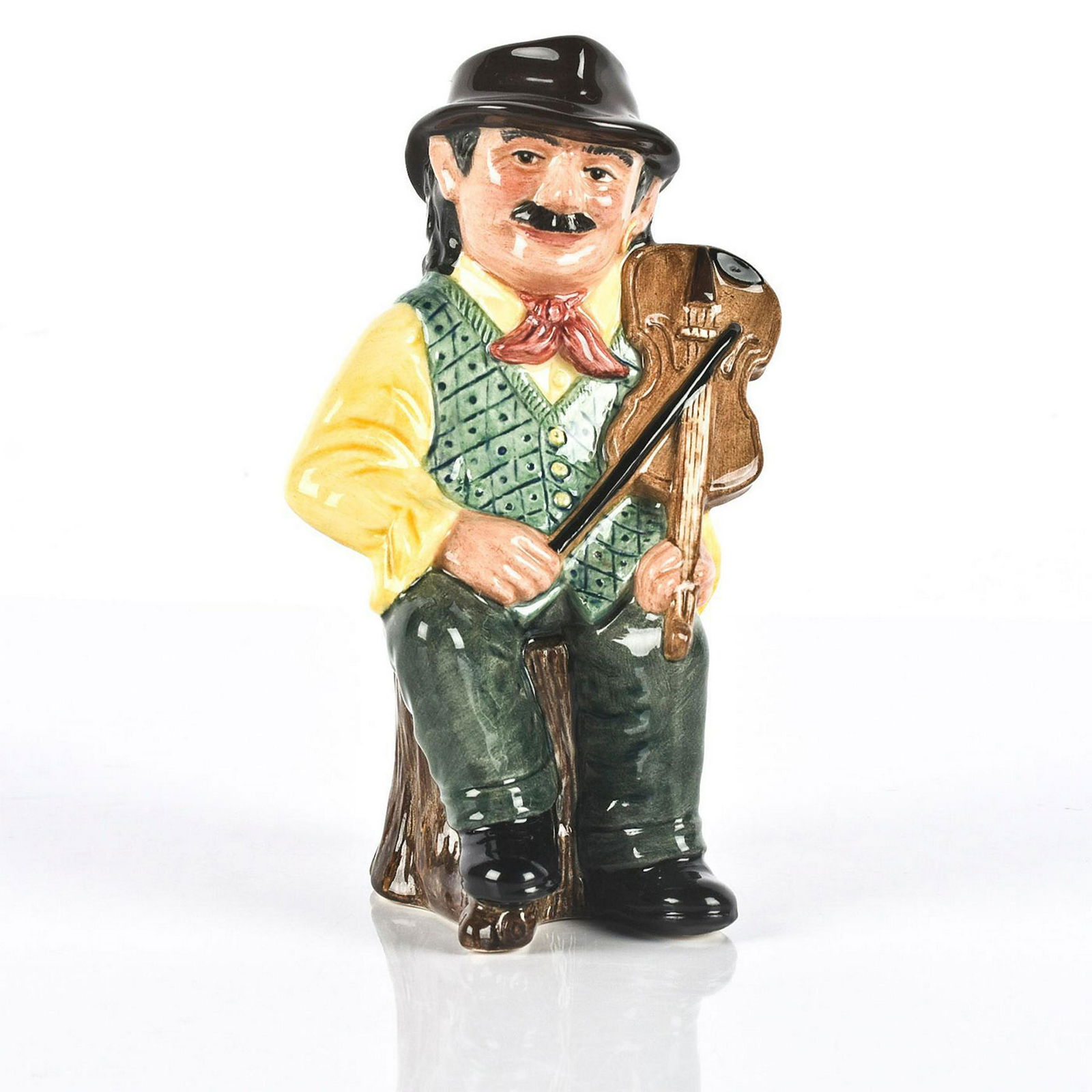 ROYAL DOULTON TOBY JUG, ROMANY MALE D7139: Gypsy man seated on a stump, playing violin. Title of jug, edition information, and Royal Doulton backstamp on bottom. Artist: David B. Biggs Issued: 1999 Dimensions: 6.5"H Edition Number: 86 Edition
