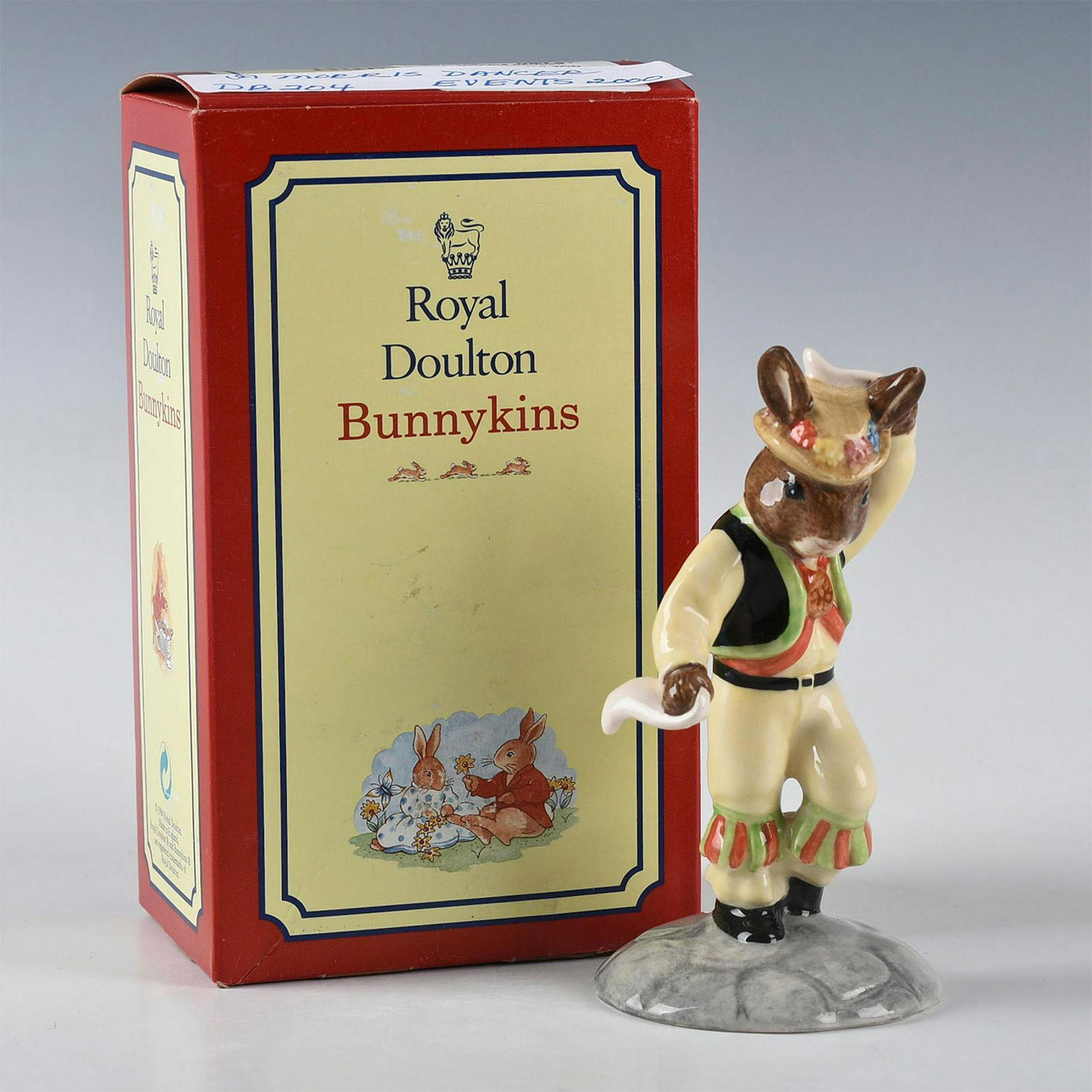 ROYAL DOULTON BUNNYKINS FIGURINE MORRIS DANCER DB204: Signed by modeler Shane Ridge. Stamped to base ROYAL DOULTON and other marks. Original collectors box. Artist: C. Dadd, S. Ridge Issued: 2000 - 2000 Dimensions: 4.5"H Manufacturer: Royal Doulton Count