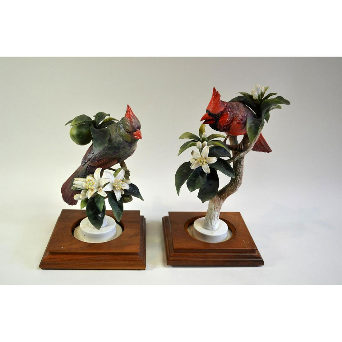 ROYAL WORCESTER VIRGINIAN CARDINALS AND ORANGE BLOSSOM,: Limited Edition, hand painted, authentic hallmark. English fine bone china, decorated. Shape number: 3190 & 3191. Artist: Dorothy Doughty Issued: 1937 Dimensions: 12"H x 8"W x 6"D Edition Size: 500 Ma