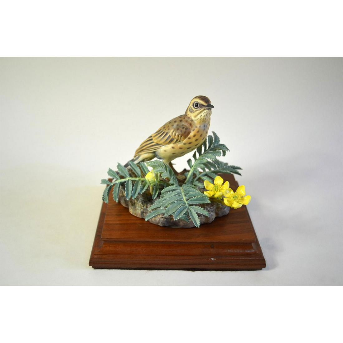 ROYAL WORCESTER MEADOW PIPIT AND SILVERWEED: Limited Edition, hand painted with authentic hallmark. English fine bone china, decorated. Artist: Dorothy Doughty Issued: 1977 Dimensions: 6"H x 7"W x 7"D Edition Size: 500 Manufacturer: Royal Worces