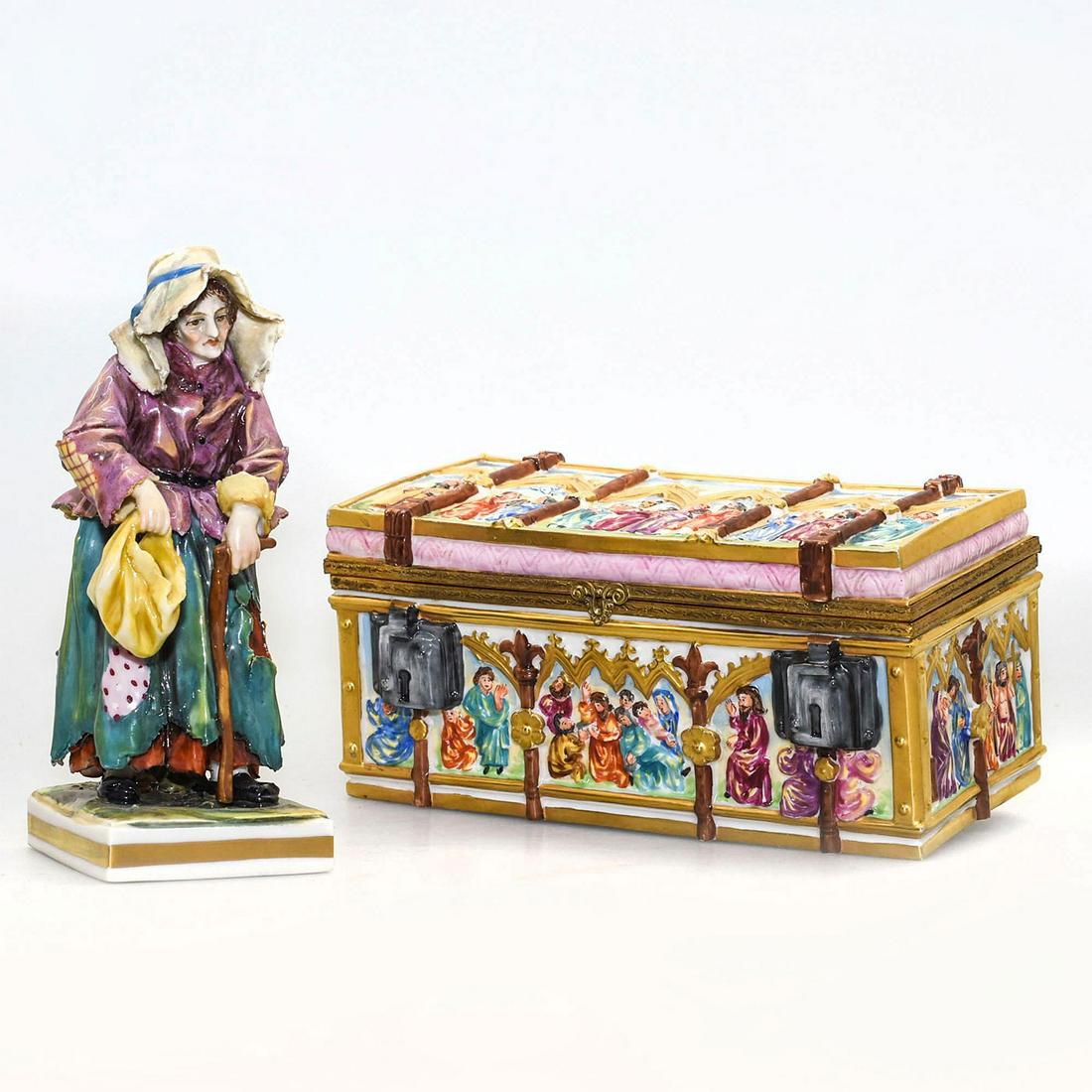 CAPODIMONTE JEWELRY BOX WITH STREET SELLER FIGURINE: Jewelry box has gilded rim, stamped on bottom. Issued: 20th c. Dimensions: 7"L, largest Manufacturer: Capo Di Monte Country of Origin: Italy