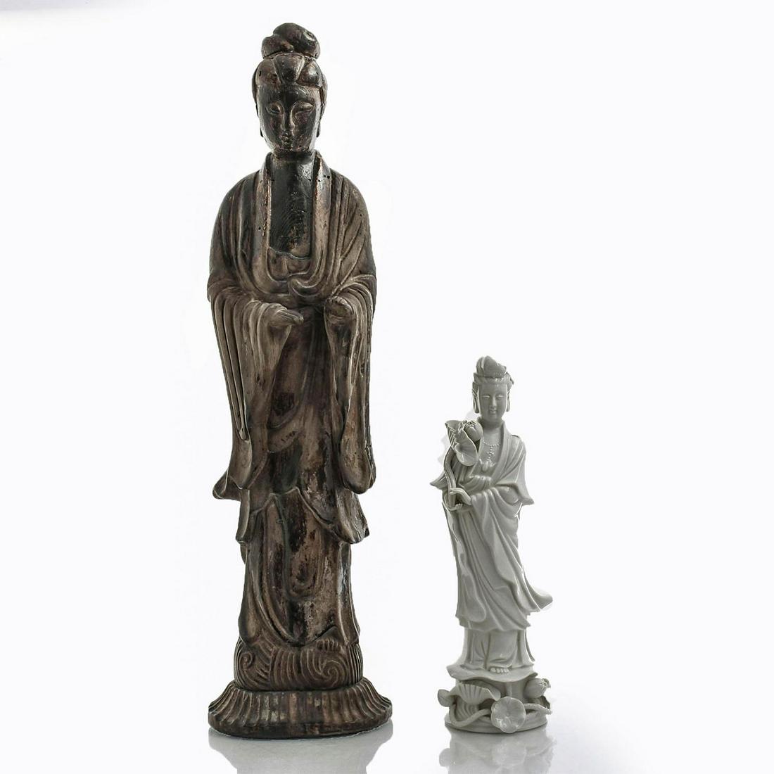 2 CERAMIC STATUES OF GUANYIN GODDESS: 1980 Austin Production bronze tone sculpture and white china. Marked on back of bronze statue. Issued: 20th c. Dimensions: 24"H, tallest