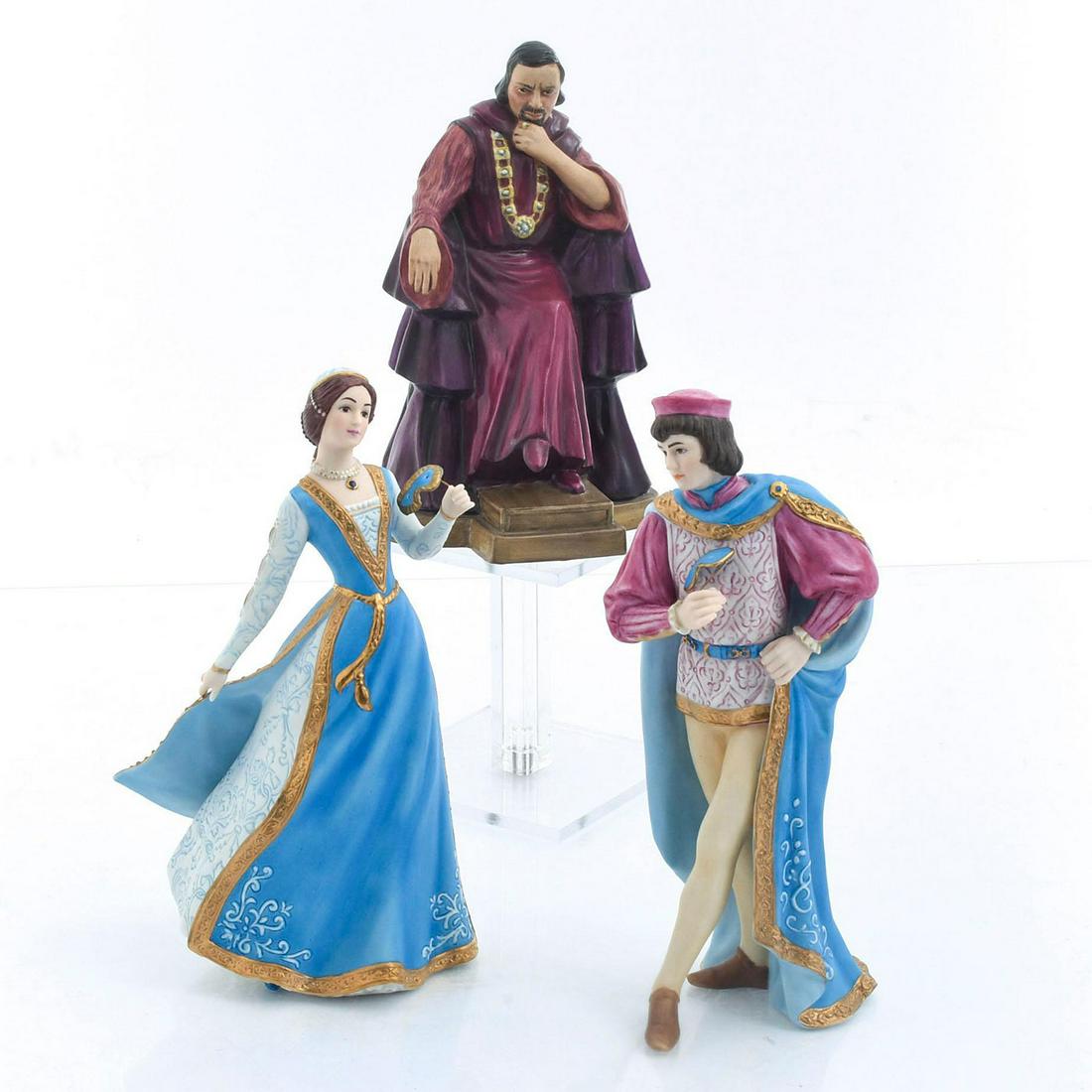 3 PORCELAIN SHAKESPEAREAN CHARACTERS FIGURINES: Henry VI, Juliet and Romeo. 2 by Lenox; Henry VI by Coalport. Lenox and Coalport backstamps. Issued: 20th c. Dimensions: 9.25"H, tallest Manufacturer: Coalport, Lenox