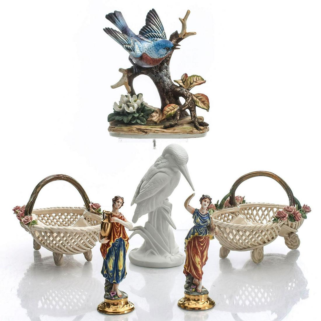 6 VARIOUS CERAMIC FIGURINES AND MAJOLICA BASKETS: Baskets are reticulated, Capodimonte figure has missing hand. Issued: 20th c. Dimensions: 8"H, tallest