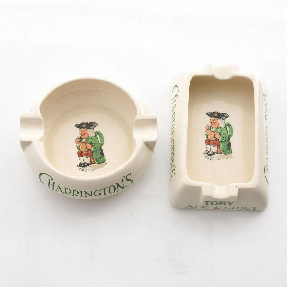 2 ROYAL DOULTON CHARRINGTON'S ADVERTISING ASHTRAYS: Inscribed CHARRINGTON'S TOBY ALE, STOUT. Royal Doulton backstamp. Issued: 20th c. Dimensions: 5.75"L, largest Manufacturer: Royal Doulton Country of Origin: England