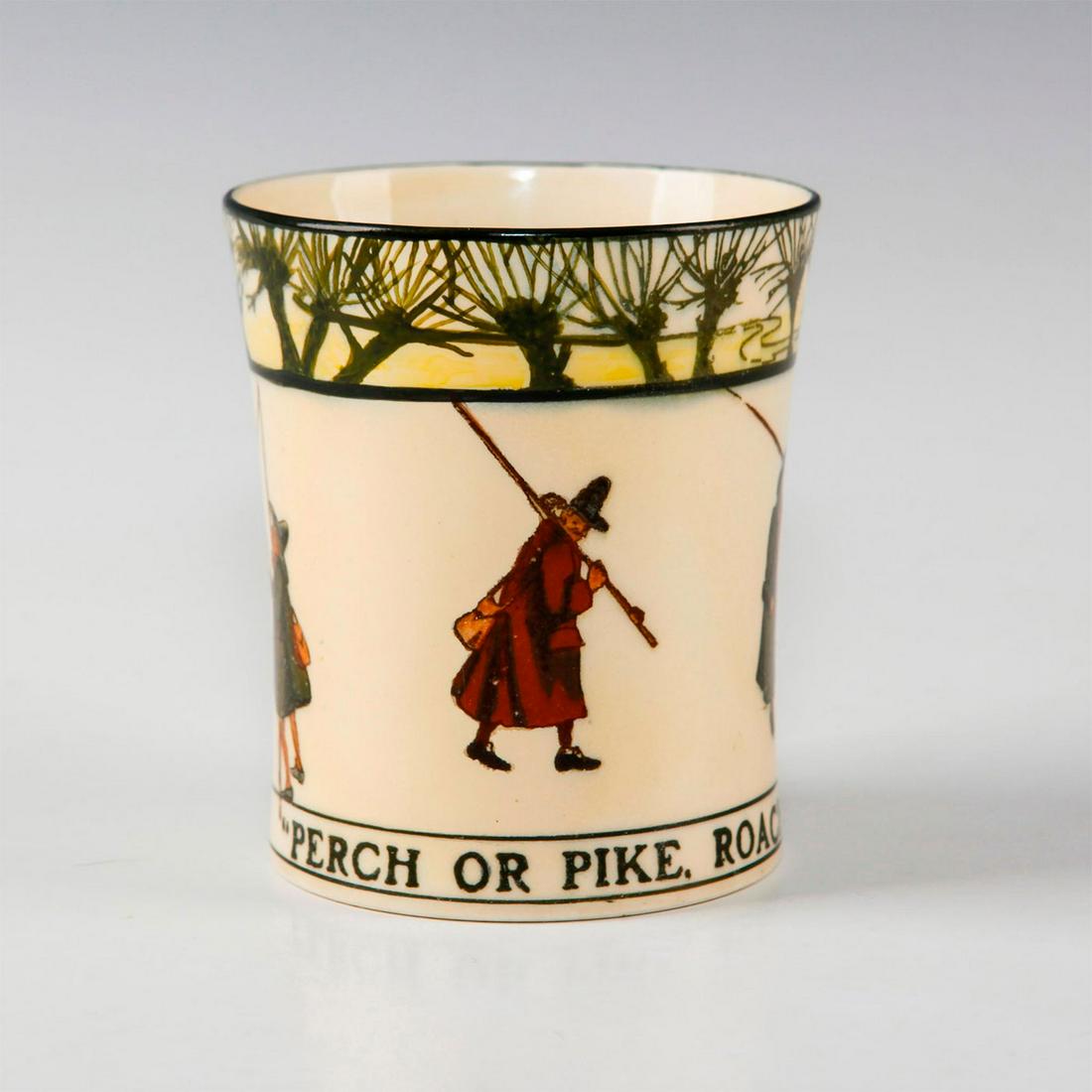 ROYAL DOULTON CUP, ISAAC WALTON GALLANT FISHERS: Early 20th c. fishing themed beaker style cup. Depicts fisherman inspired by THE COMPLEAT ANGLER by Isaac (Izaak) Walton, first published in 1653. This cup features four fishermen topped by a willow t