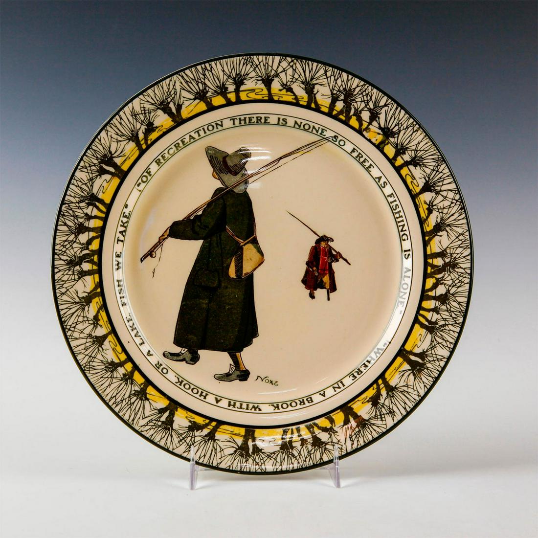 ROYAL DOULTON PLATE, ISAAC WALTON GALLANT FISHERS: Early 20th c. fishing themed plate. Marked 2-0. Depicts fisherman inspired by THE COMPLEAT ANGLER by Isaac (Izaak) Walton, first published in 1653, and features song and verse excerpts about the joys 