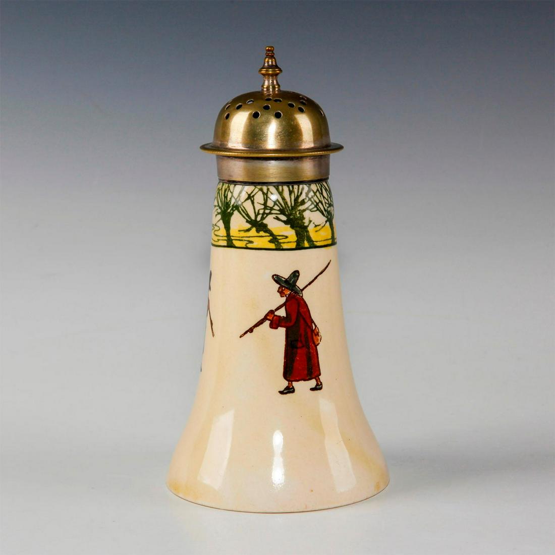 ROYAL DOULTON SALT SHAKER, ISAAC WALTON GALLANT FISHERS: Early 20th c. fishing themed salt shaker. Marked D2312. Depicts fisherman inspired by THE COMPLEAT ANGLER by Isaac (Izaak) Walton, first published in 1653. This pitcher features three fishermen under 