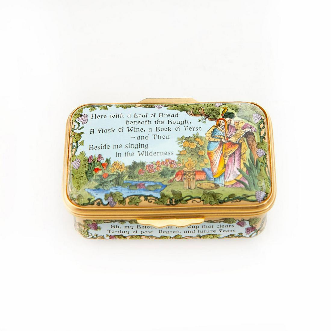 HALCYON DAYS, OMAR KHAYYAM POETRY TRINKET BOX: 2.5" gilded rim, stamped on bottom. Issued: 20th c. Dimensions: 5"L Manufacturer: Halcyon Days Country of Origin: England