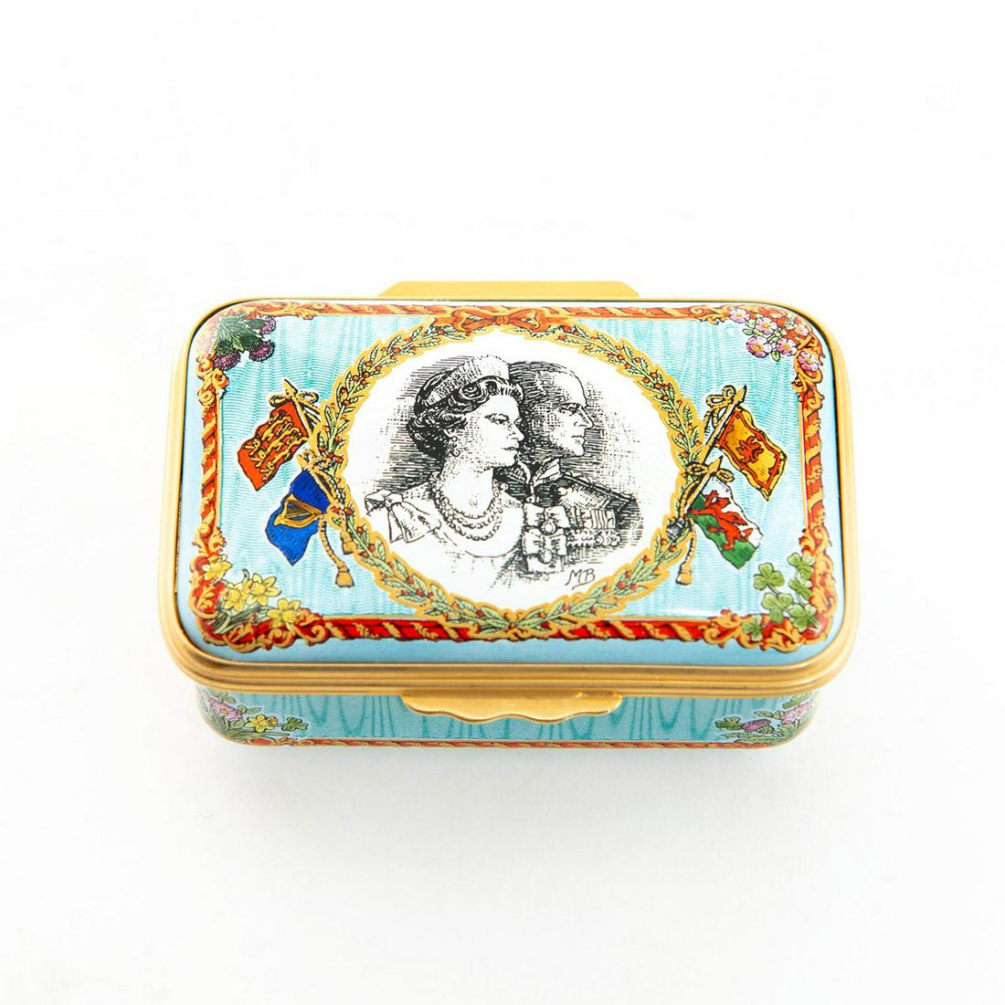 HALCYON DAYS ENAMEL TRINKET BOX, QUEEN, PRINCE PHILIP: Ltd Ed. A tribute on the 50th wedding anniversary. 2.5"W. In original box. Issued: 20th c. Dimensions: 4.75" x 4.25"W Edition Number: 270 Edition Size: 1000 Manufacturer: Bilston and Battersea Enamels