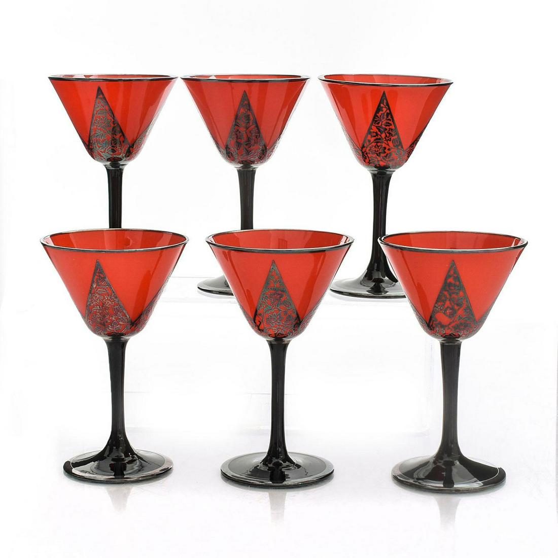 6 FIRE ENGINE RED ART DECO COCKTAIL GLASSES: Wrapped in reticulated sterling silver, stamped Czech bottom. Silver accents marked STERLING. Issued: 20th c. Dimensions: 5.5"H, tallest Country of Origin: Czechoslovakia