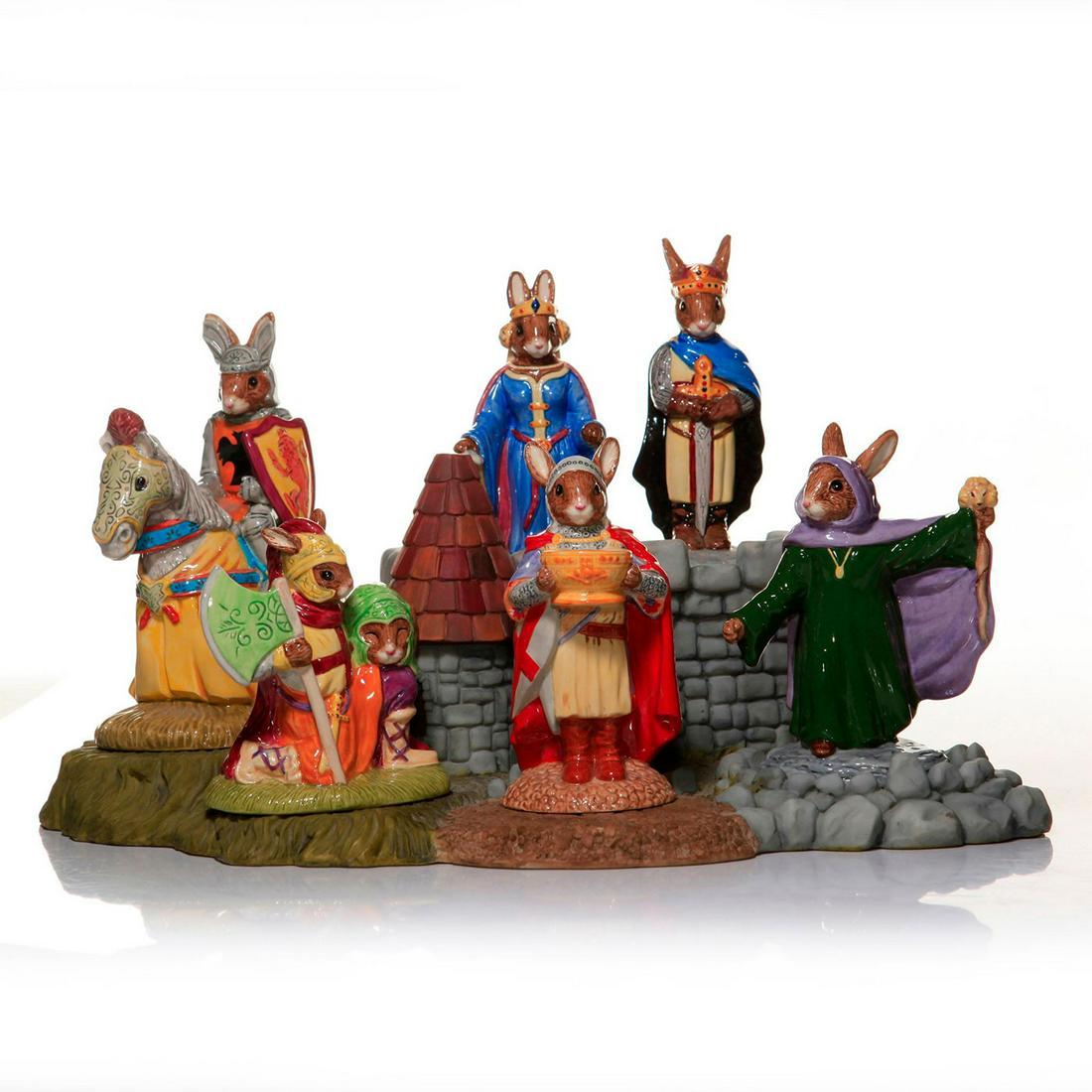 ROYAL DOULTON BUNNYKINS KING ARTHUR COLLECTION AND BASE: 6 figurinesÂ of Arthurian Camelot legend, decorative resin base. Sir Galahad DB299, Sir Gawain DB300, Sir Lancelot DB301, Queen Guinevere DB302, Merlin DB303, King Arthur DB304. Issued: 2003 Dimensi