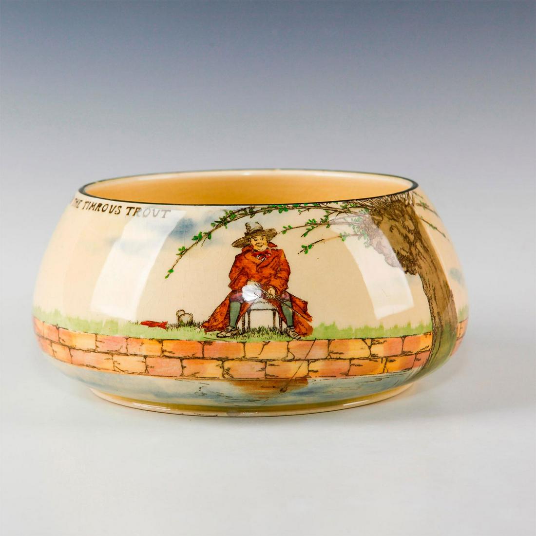 ROYAL DOULTON LARGE BULB BOWL, GALLANT FISHERS: Early 20th c. fishing themed bowl. Depicts fisherman inspired by THE COMPLEAT ANGLER by Isaac (Izaak) Walton, first published in 1653. This bowl features a fisherman fishing off of a seawall and readi