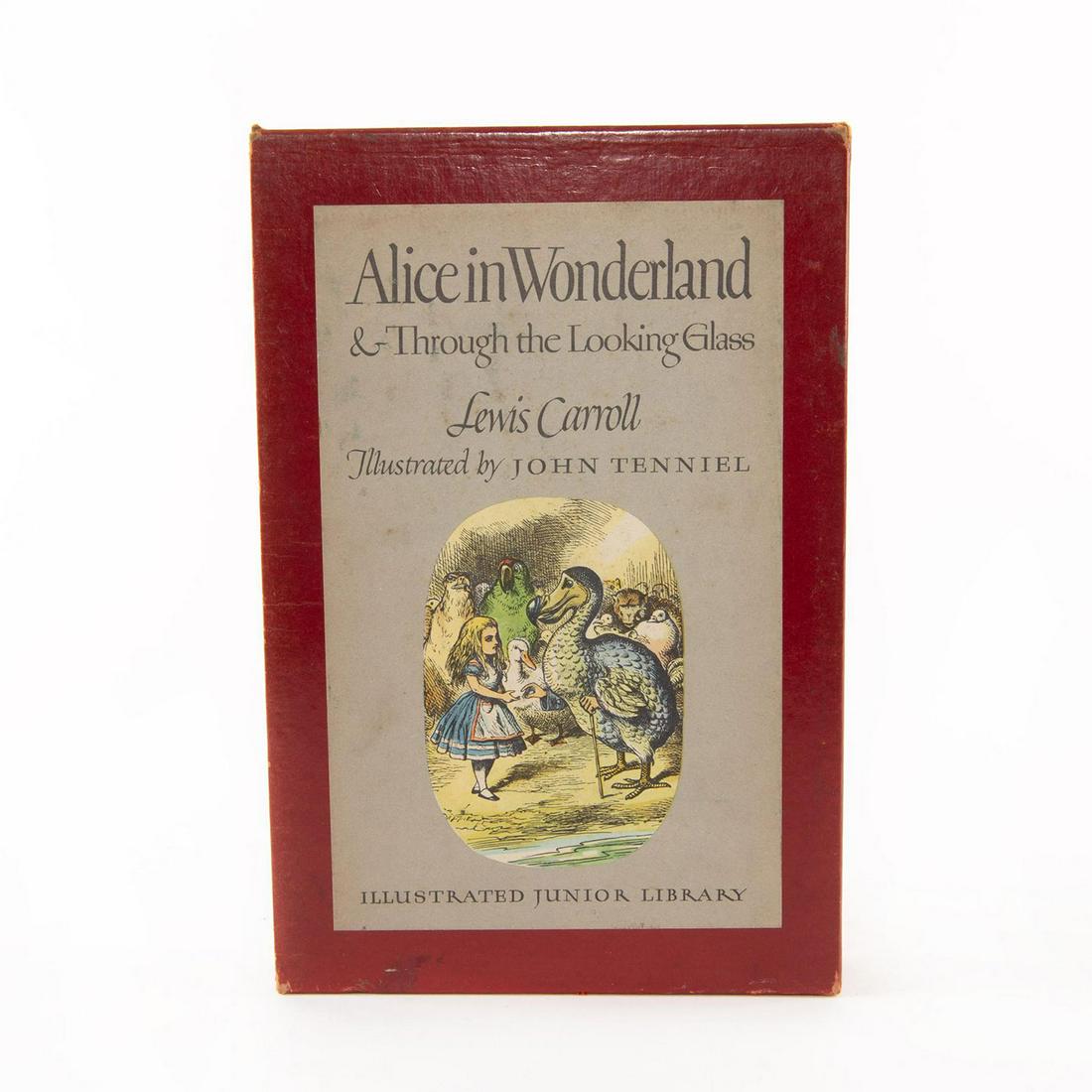 ALICE IN WONDERLAND & THROUGH THE LOOKING GLASS BOOK: By Lewis Carroll. Includes red illustrated slipcase; tan book. Artist: John Tenniel Issued: 20th c. Dimensions: 9.75"L x 6.5"W Country of Origin: United States