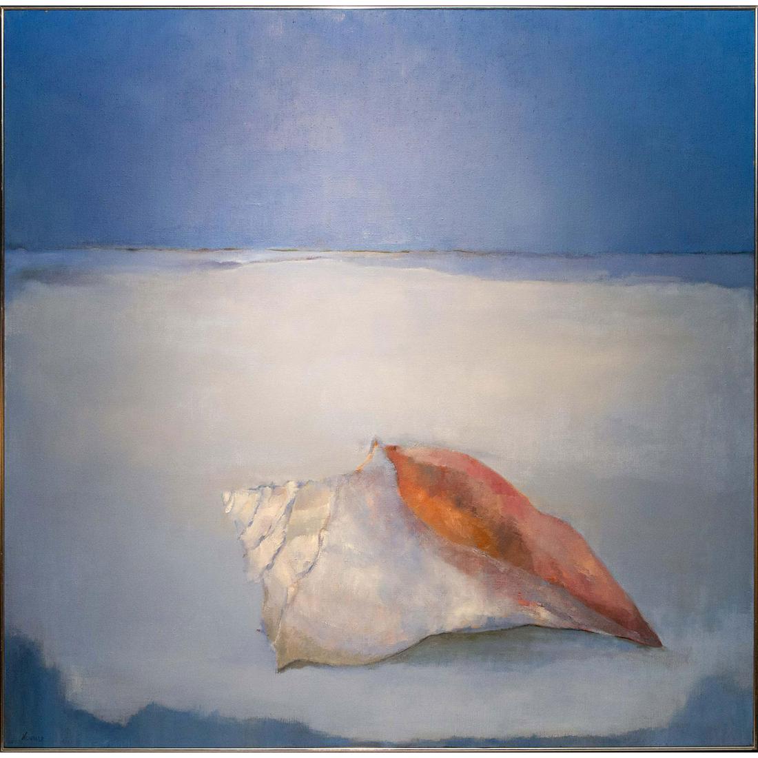 LARGE CONTEMPORARY MINIMALIST OIL PAINTING, SEA: By artist Miriam Newman. Depicts a conch shell on a tranquil ocean beach. Overall good condition, the .25"W painted wood frame shows some wear of the paint. Signed by the artist, front lower left. Al