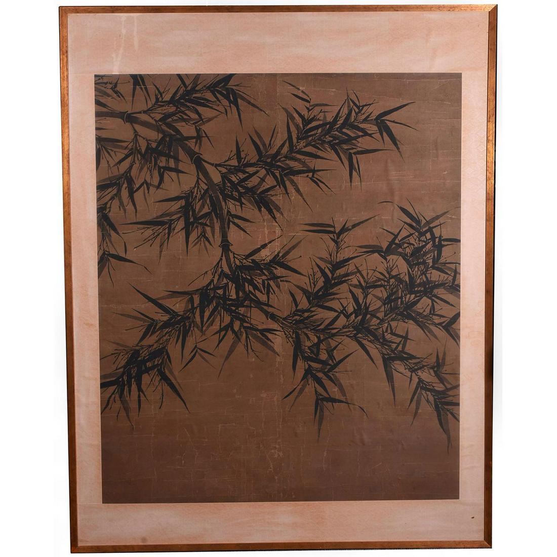 MID-CENTURY VINTAGE ART PRINT BAMBOO MING DYNASTY STYLE: Art print on fabric. Copy of original important Ming era artwork. Traditional bamboo motif in Han-Kengai shape. After the Chinese School. Framed. 59.5"H x 46.25"W, pictured. Issued: c. 1950-1960 Dimen