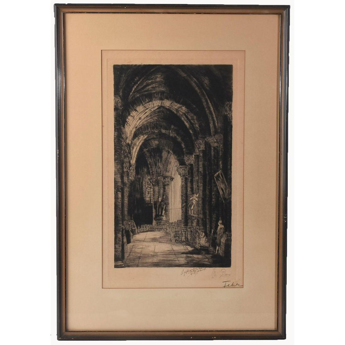 ENNERIE-ALEXANDRE FEHER ETCHING, A GIFT FROM PARIS: Signed by artist, lower right. Hand signed A GIFT FROM PARIS. Etching of cathedral interior with gothic arches. 16"H x 9"W, pictured. Ennerie-Alexandre Feher was a Hungarian/French painter and etcher.