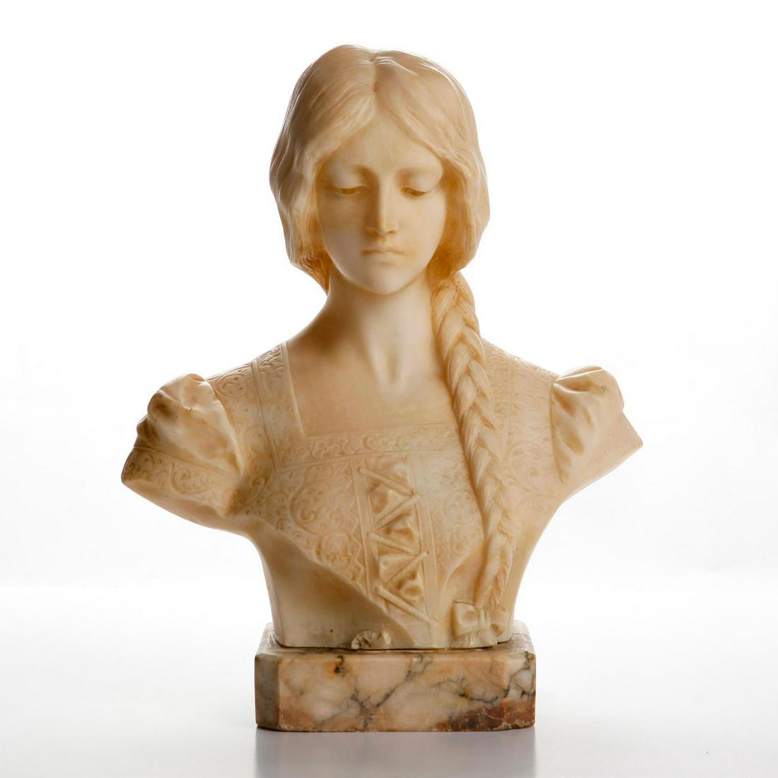 EUROPEAN CARVED MARBLE SCULPTURAL BUST: Sculpture of woman wearing medieval times dress on base. Issued: 20th c. Dimensions: 12"H x 10"W