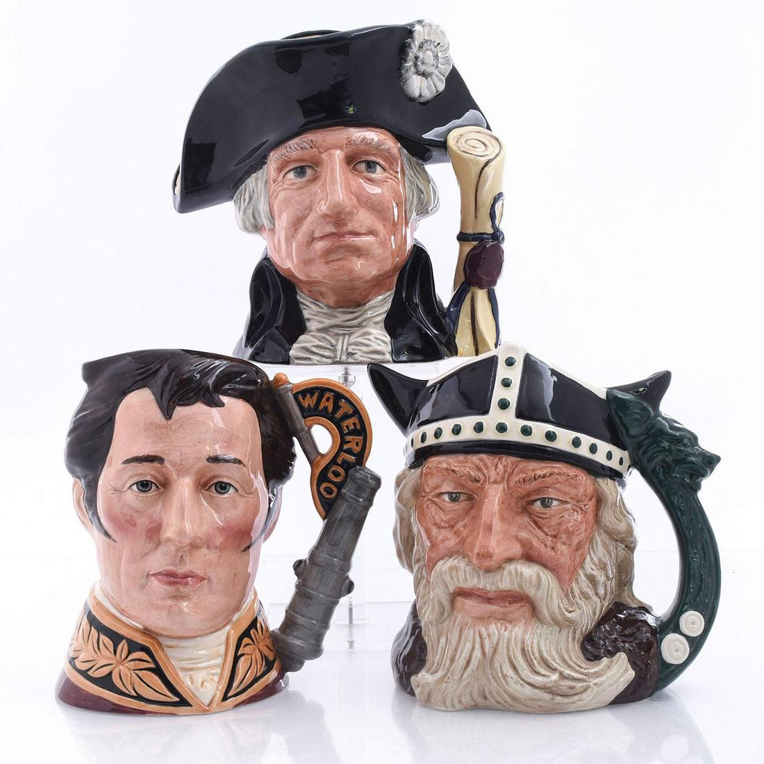 THREE LARGE ROYAL DOULTON MEN OF HISTORY CHARACTER JUGS: Duke of Wellington, George Washington and Viking. Doulton backstamps. Issued: 20th c. Dimensions: 7.75"H, tallest Manufacturer: Royal Doulton Country of Origin: England