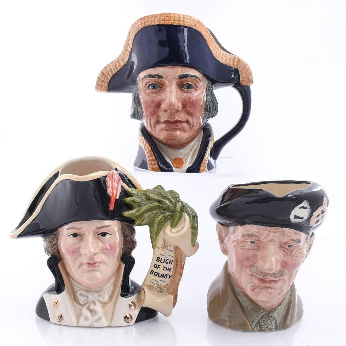 THREE LARGE ROYAL DOULTON MEN OF HISTORY CHARACTER JUGS: Includes Monty, Lord Nelson and Captain Bligh with certificate. Doulton backstamps. Issued: 20th c. Dimensions: 7.25"H, tallest Manufacturer: Royal Doulton Country of Origin: England