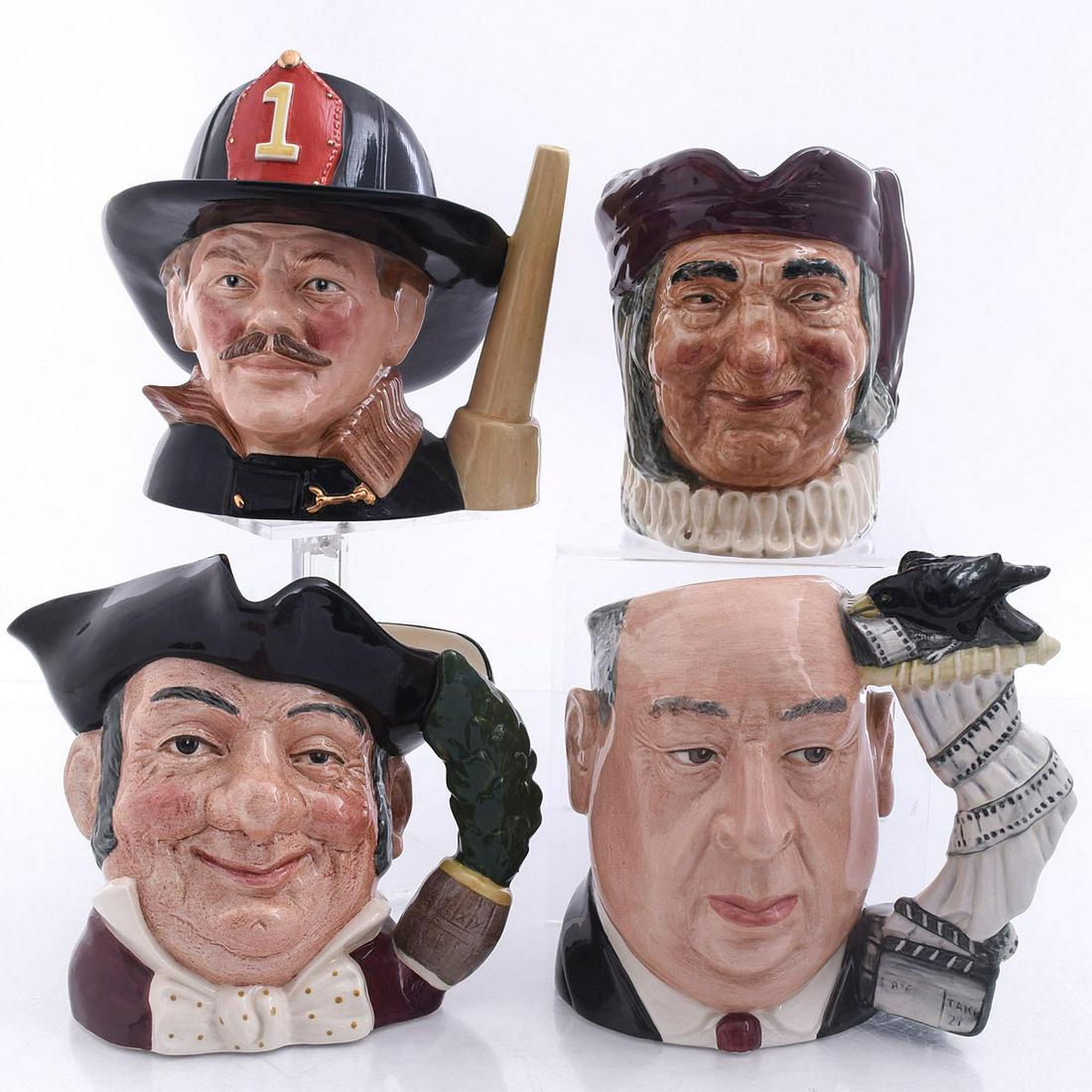 4 LG ROYAL DOULTON CHARACTER JUGS: The Fireman, Mine Host, Alfred Hitchcock, Simon Cellerar. Artist: David Biggs, Jerry Griffith, Robert Tabbenor Issued: 20th c. Dimensions: 7"H, tallest Manufacturer: Royal Doulton Country of Origin: E