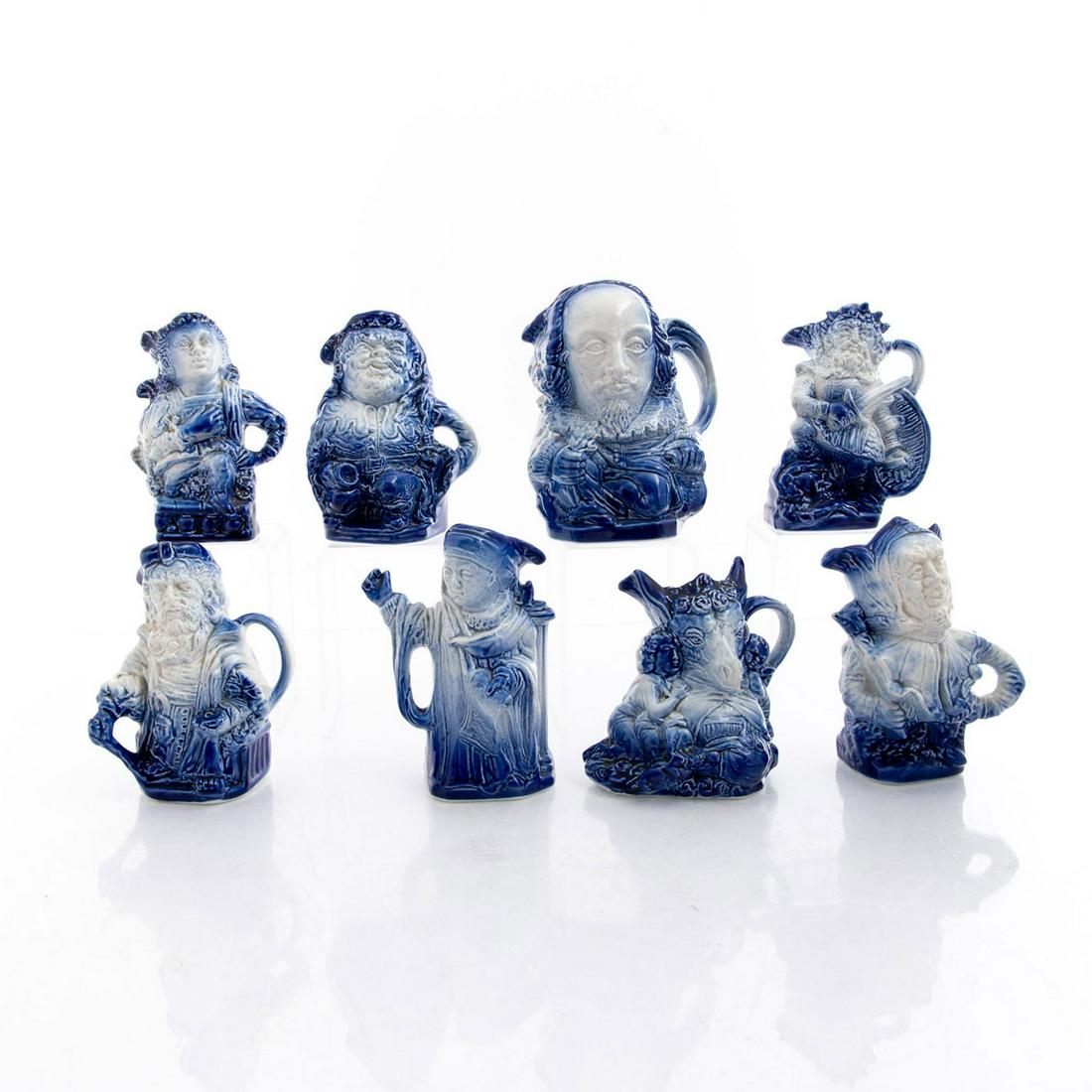 8 BURLEIGH IRONSTONE STORY TIME CHARACTER JUGS: Shakespeare, Falstaff, Shylock and more. Stamped on bottom. Issued: 20th c. Dimensions: 6"H, tallest Manufacturer: Burleigh Ironstone Country of Origin: England