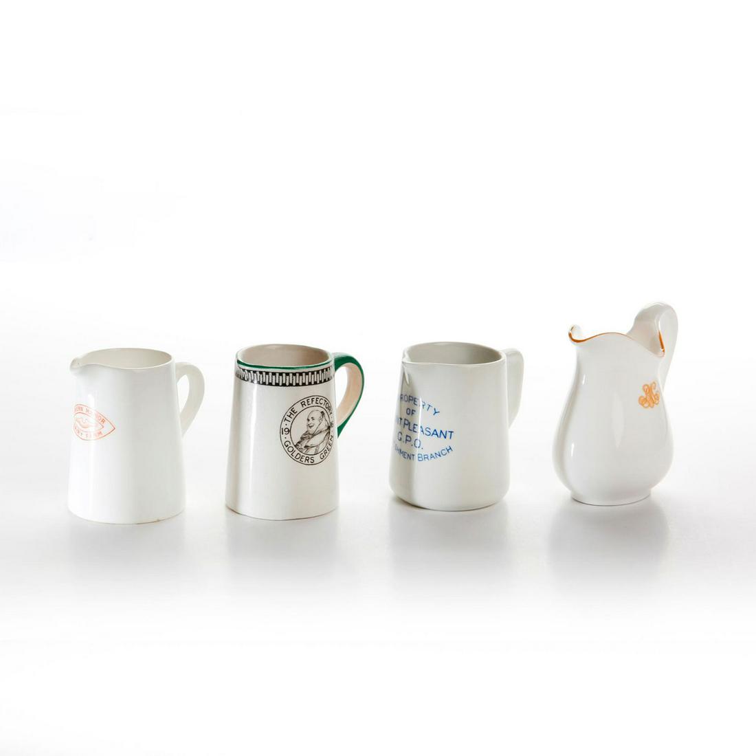 4 ROYAL DOULTON ADVERTISING WARE MINI PITCHERS: Various advertisements. Royal Doulton backstamp on bottom. The Refectory Golders Green, Royal Automobile Club, Mount Pleasant GPO Refreshment Branch, Friern Manor Dairy Farm. Issued: 20th c. Dimension