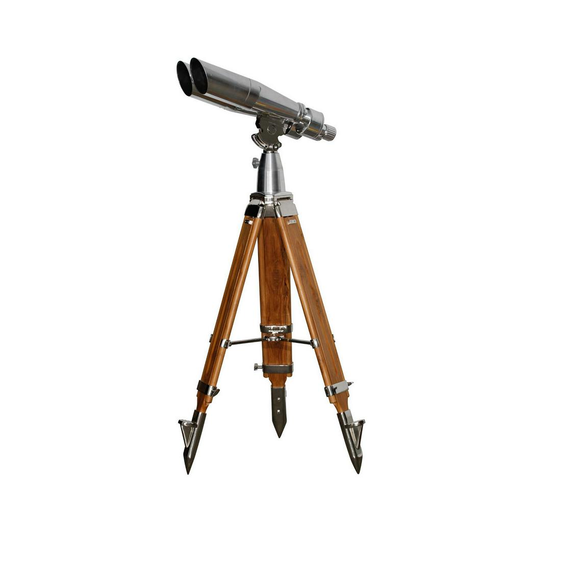 USA PMC CONTEMPORARY 15X80 BINOCULARS WITH TRIPOD: Mounted on an adjustable wooden tripod with chromatic elements. Optical unit is roughly 24"L X 9"W Issued: 20th c. Dimensions: 52"H (min) X 24"L X 9"D, mounted Country of Origin: United States