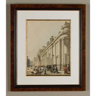 AFTER THOMAS SHOTTER BOYS (BRITISH, 1803-1874): Vintage print, THE BANK, LOOKING TOWARDS THE MANSION HOUSE, after Original Views of London 1842, by artist and lithographer Thomas Shotter Boys. Depicts The Mansion House which was the official reside